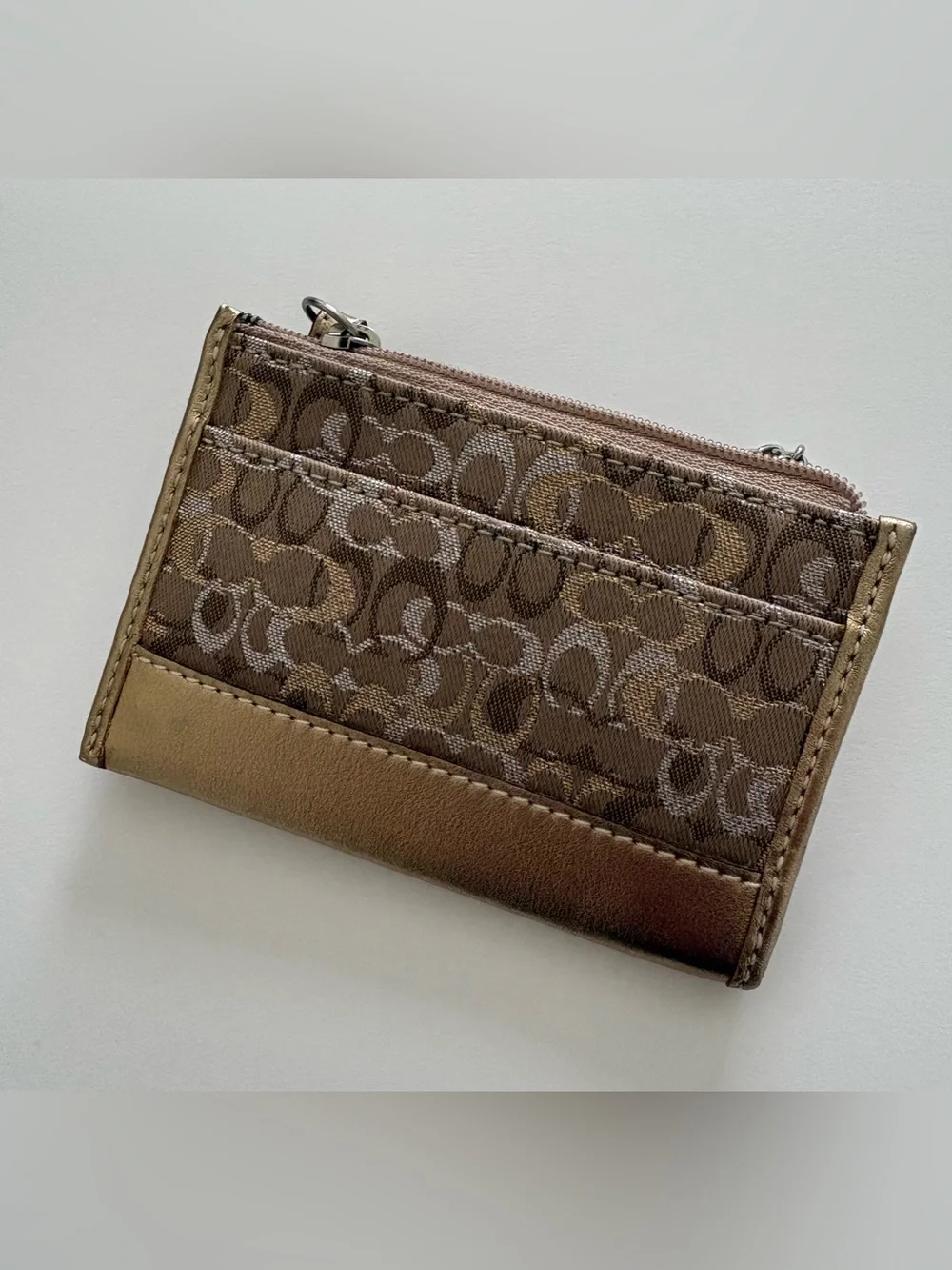 Coach Signature Card Case with Metallic Bronze Trim